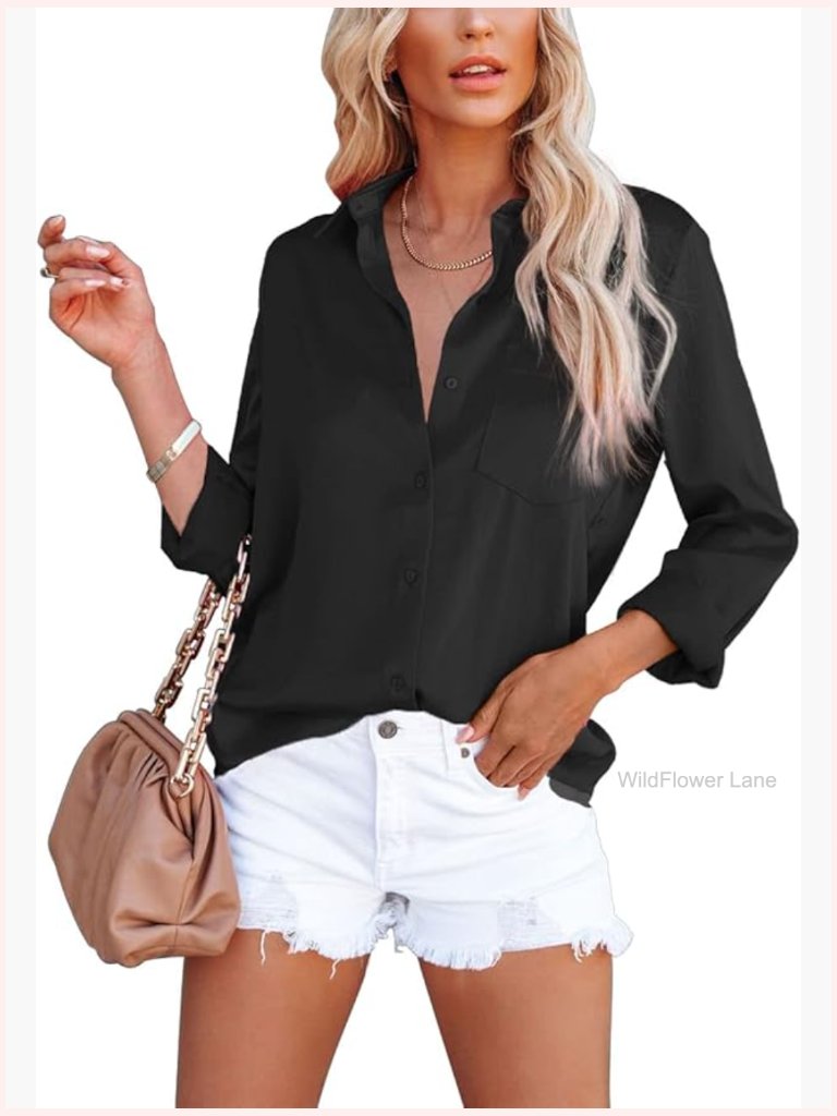 Satin V Neck Button Down Blouse Long Sleeve Work Shirt With Pocket